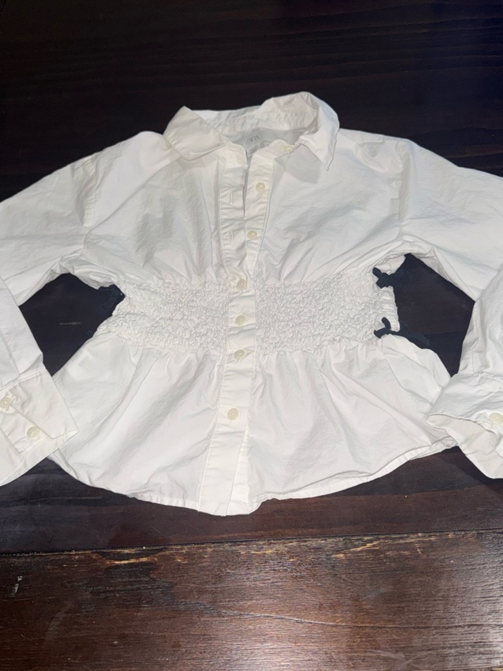 Zara White Smocked-Waist Button-Down Shirt